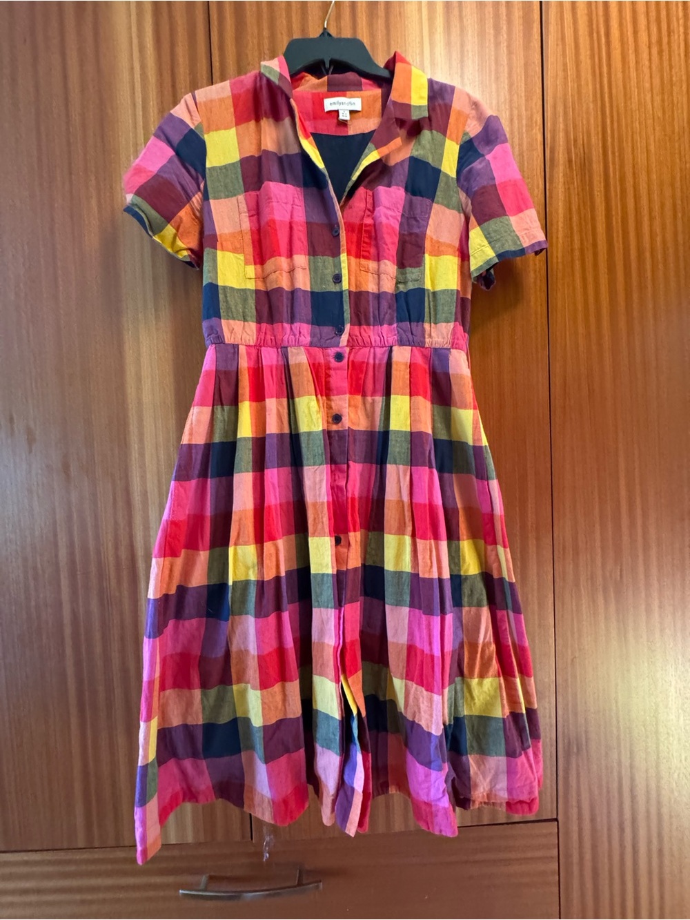 Emily and Fin Multicolor Gingham Plaid Button Down Dress. 100% Cotton.